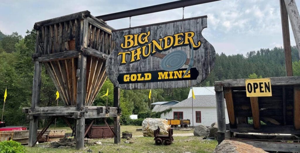 Historic Big Thunder Gold Mine tour entrance and gold panning attraction sign in the Black Hills, SD.