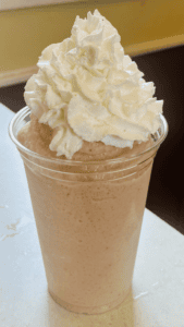 Blended coffee frappe with whipped cream from Big Thunder Coffee Cabin at Big Thunder Gold Mine in Keystone, SD.