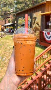 A hand holding a plastic cup of bright orange Thai iced tea with boba pearls from the Big Thunder Coffee Cabin at Big Thunder Gold Mine in Keystone, South Dakota.