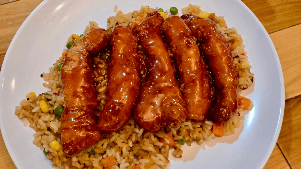 Glazed chicken strips over veggie fried rice at Big Thunder Bar & Grill by Big Thunder Gold Mine in Keystone, SD